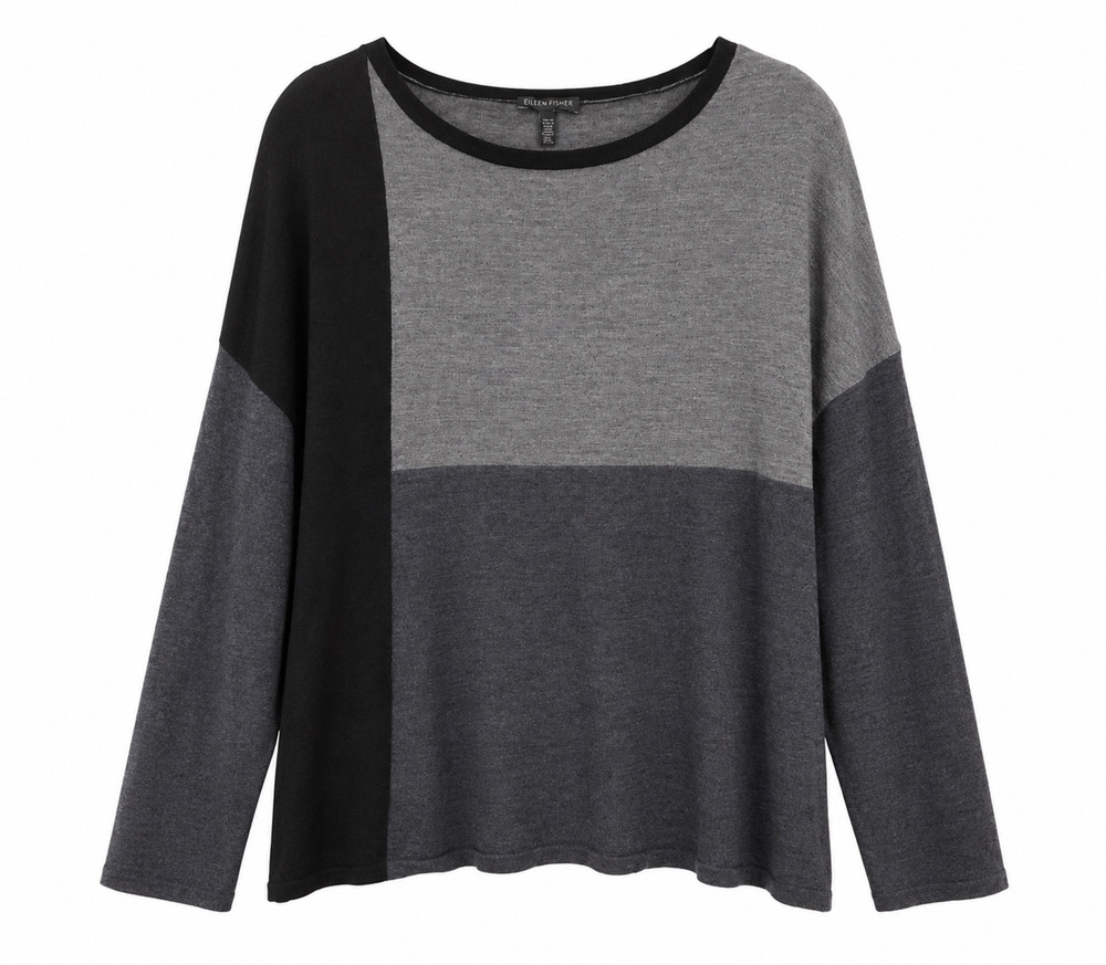 Eileen Fisher XL Merino Wool Sweater Black Gray Colorblock Long Sleeve Travel